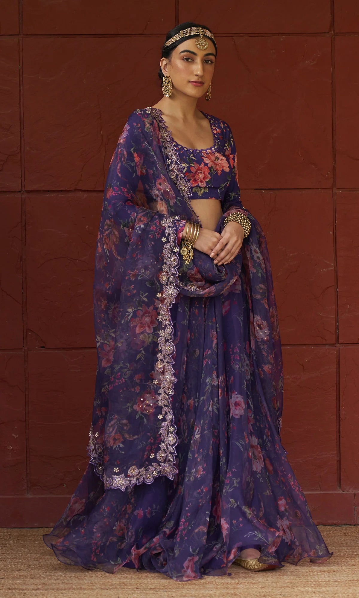 Bagh - Purple Floral Printed Lehenga Set - set of 3