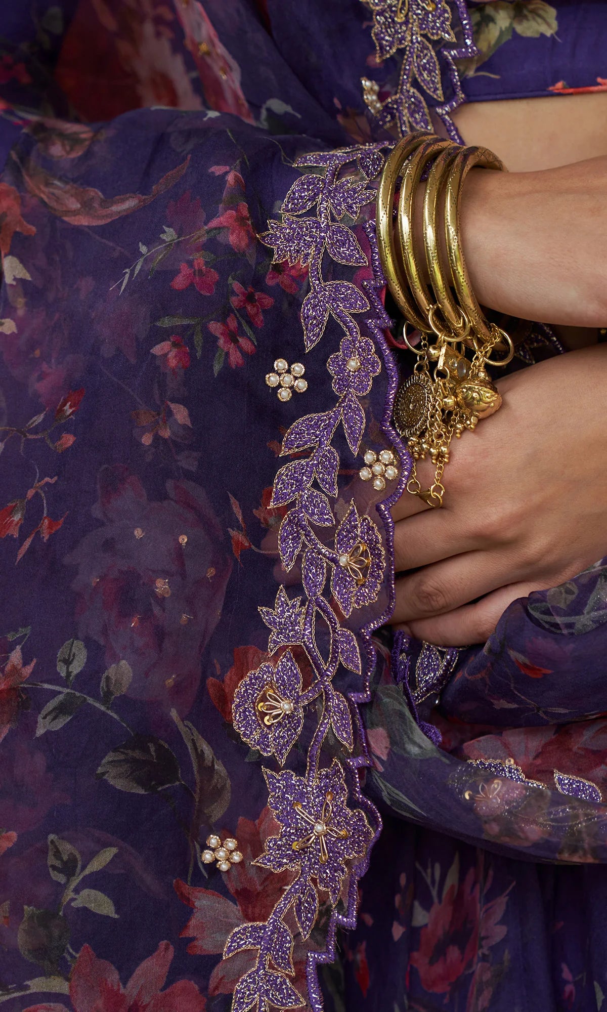 Bagh - Purple Floral Printed Lehenga Set - set of 3