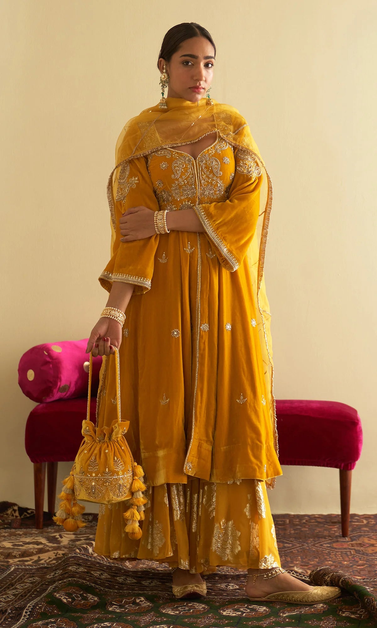 Sufiya Yellow Velvet Embroidered Jacket Anarkali Set