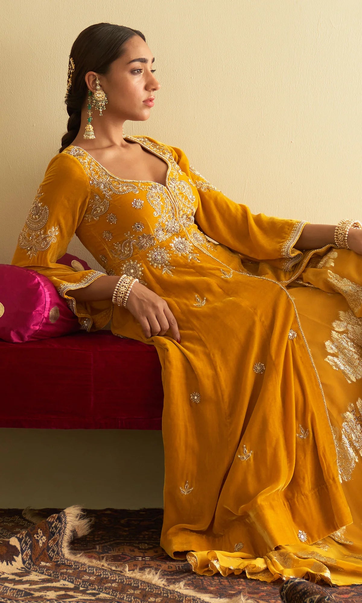 Sufiya Yellow Velvet Embroidered Jacket Anarkali Set