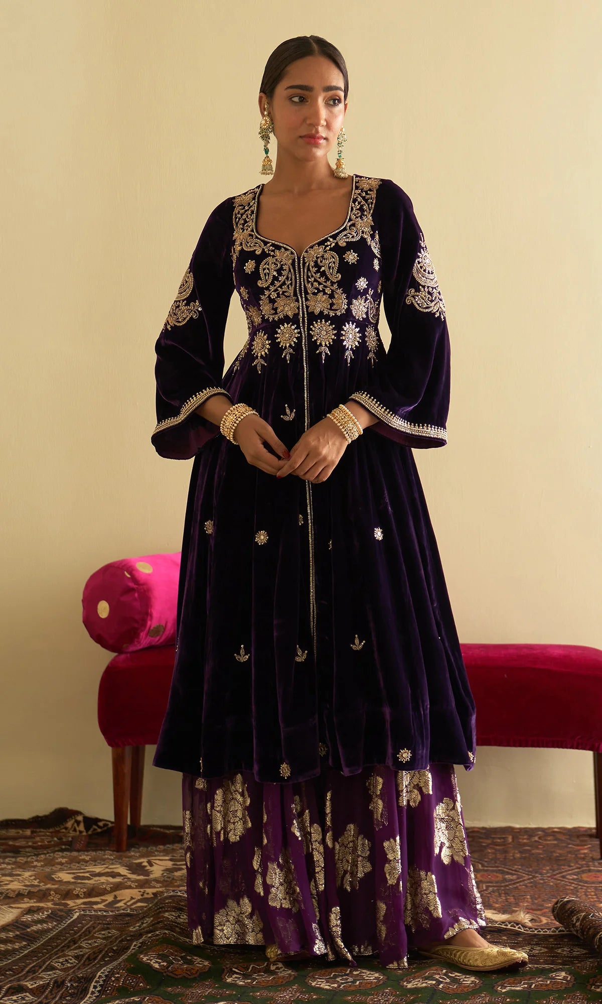 Sufiya Purple Velvet Embroidered Jacket Anarkali with sharara and dupatta (set of 3)