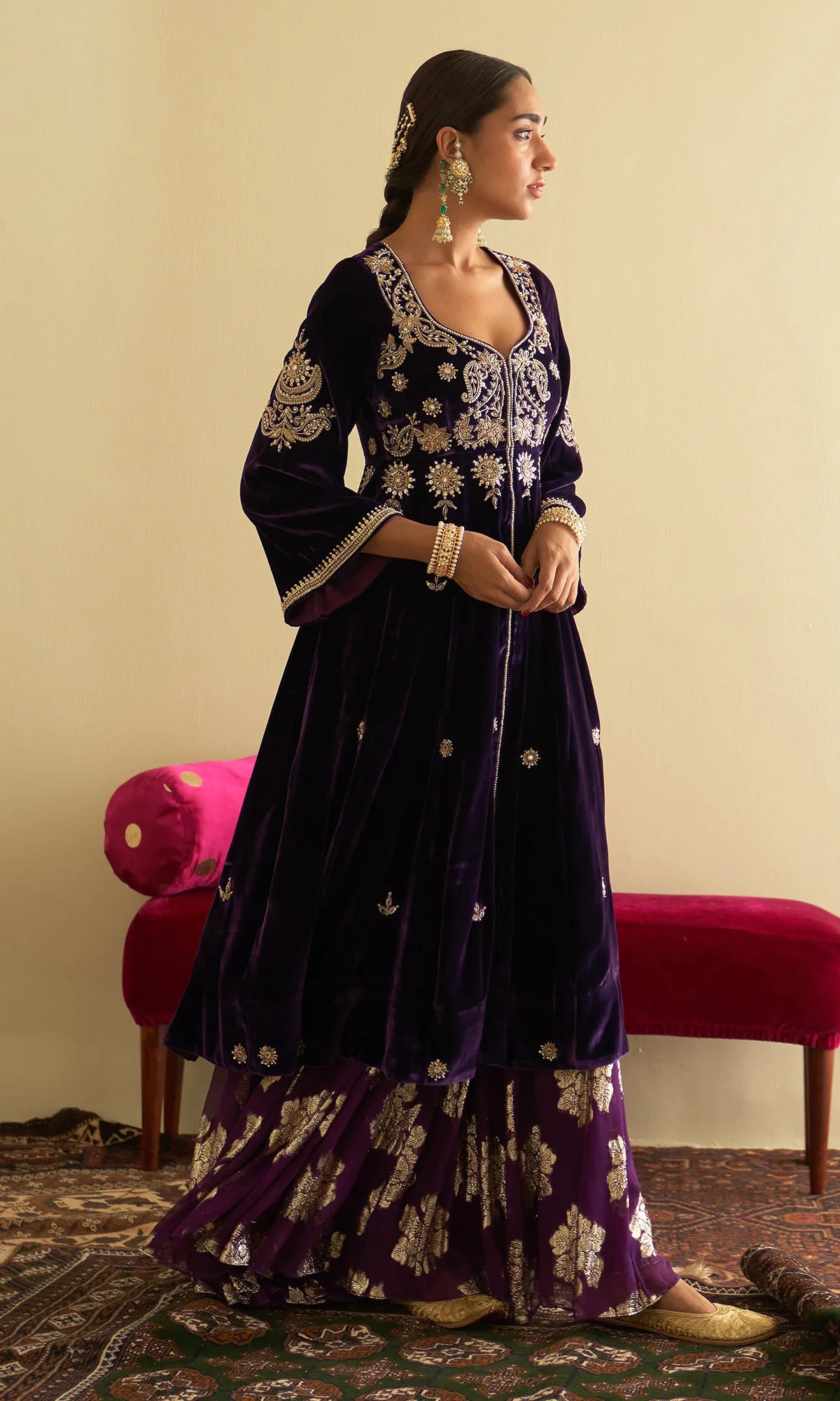 Sufiya Purple Velvet Embroidered Jacket Anarkali with sharara and dupatta (set of 3)