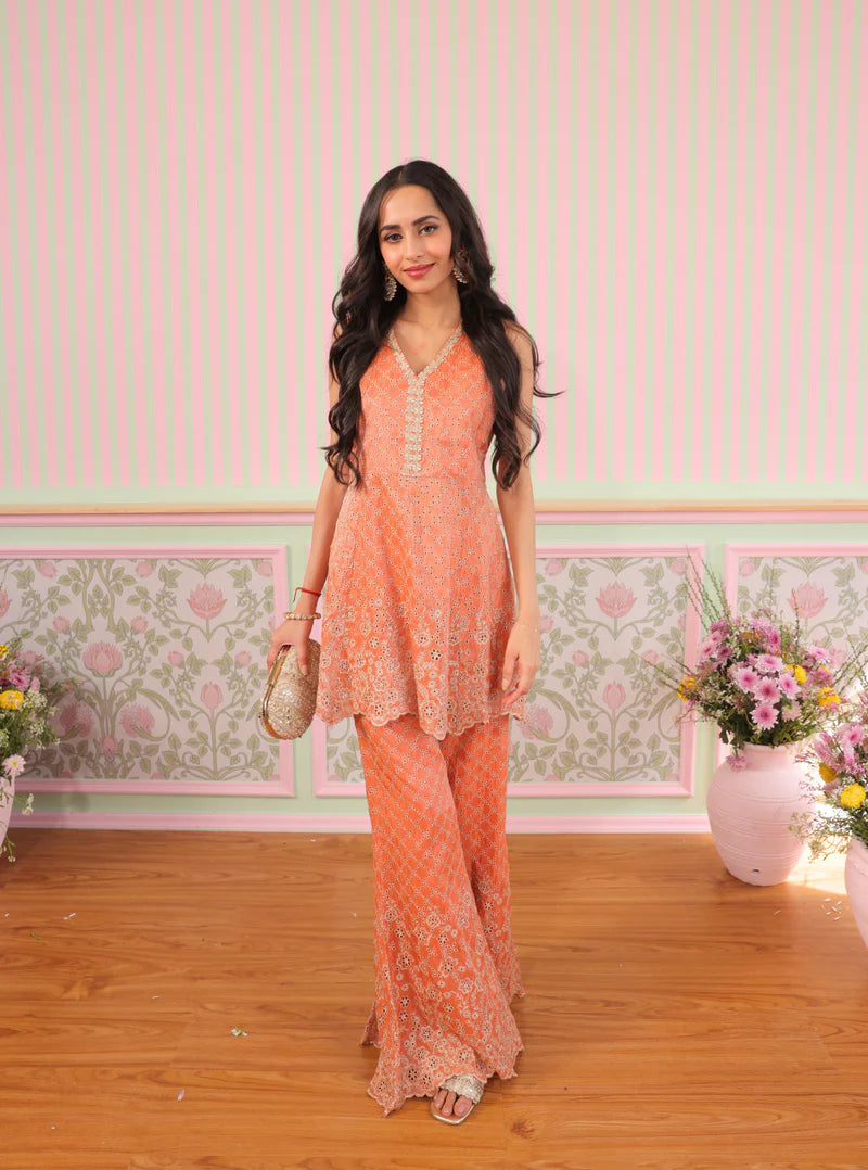 Araj Burnt Orange Royal Tissue Top & Pant Set