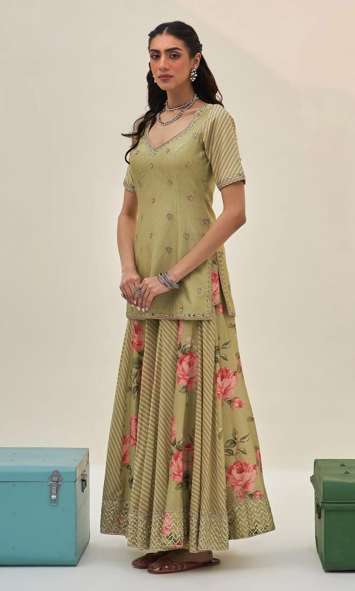 Noor‑E‑Bagh Green Floral Embroidered Sharara Set (Set of 3)