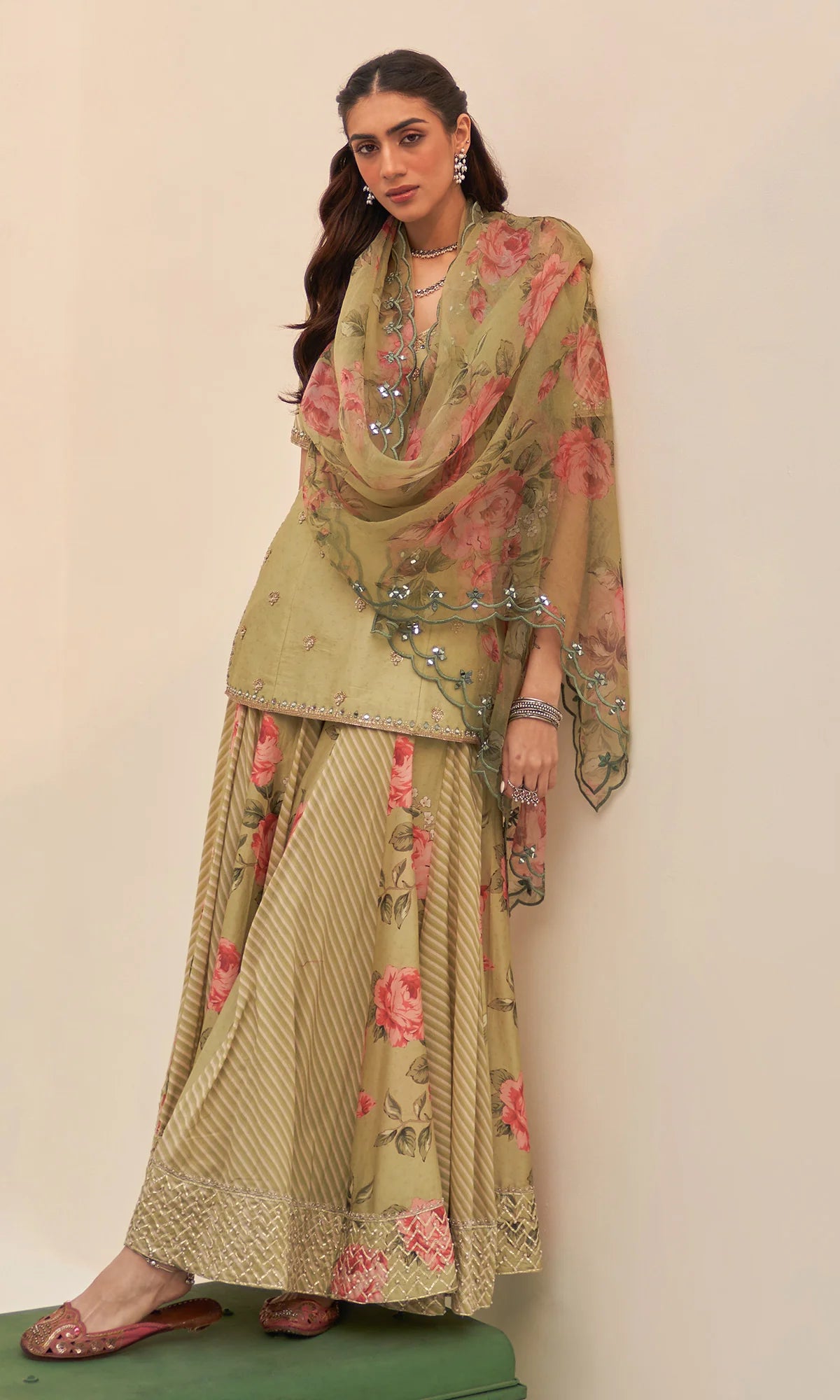 Noor‑E‑Bagh Green Floral Embroidered Sharara Set (Set of 3)