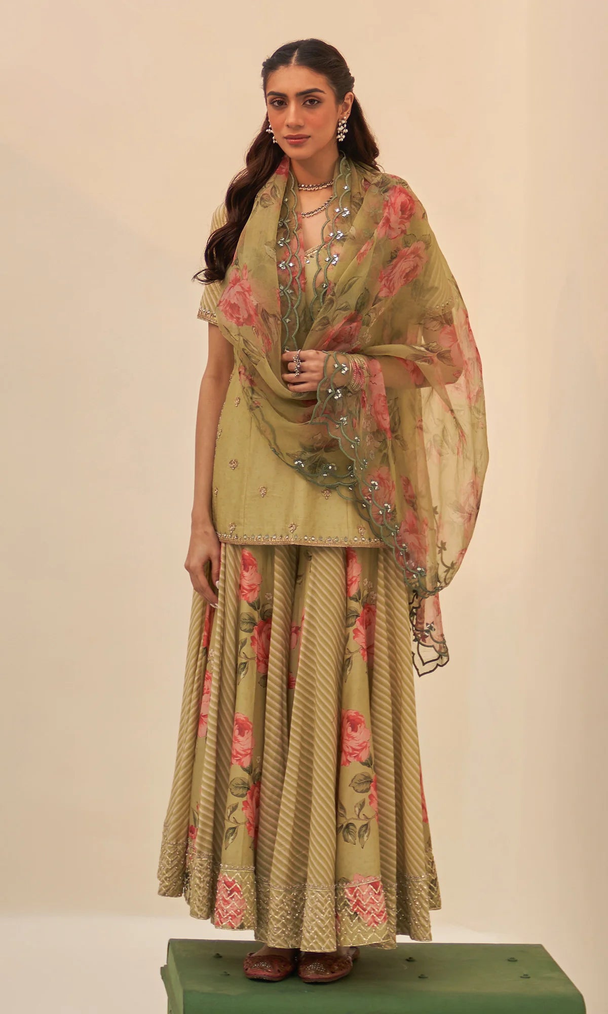 Noor‑E‑Bagh Green Floral Embroidered Sharara Set (Set of 3)