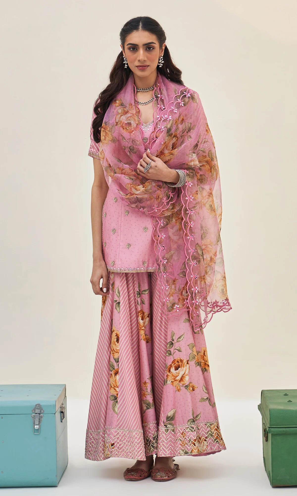 Noor-E-Bagh - Pink Floral Embroidered Sharara Set - Set Of 3