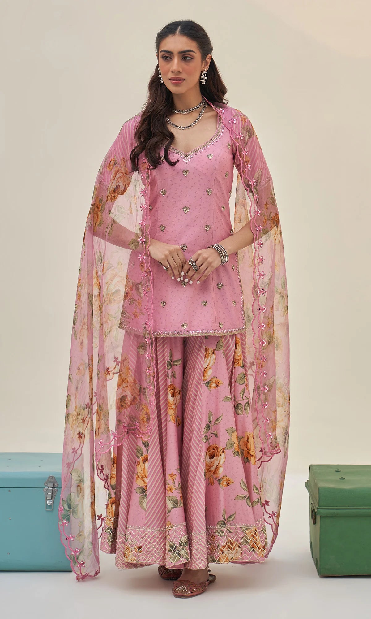 Noor-E-Bagh - Pink Floral Embroidered Sharara Set - Set Of 3