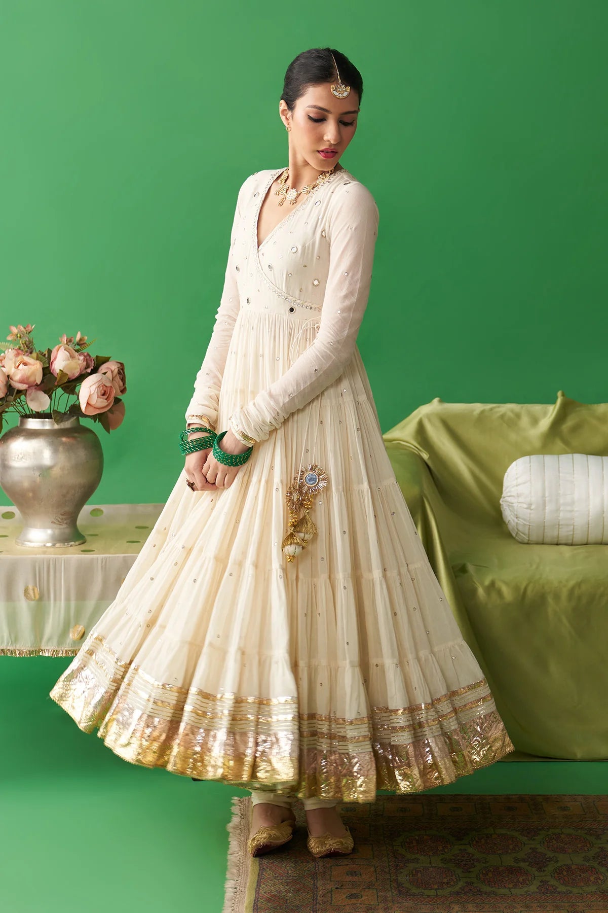 Jhoom ivory hand embroiderd angrakha anarkali with chooridar and foil printed chand dupatta (set of 3)