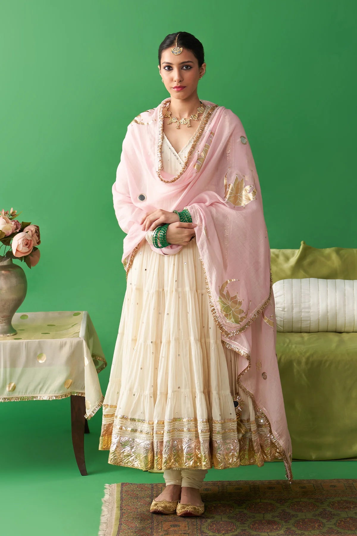 Jhoom ivory hand embroiderd angrakha anarkali with chooridar and foil printed chand dupatta (set of 3)