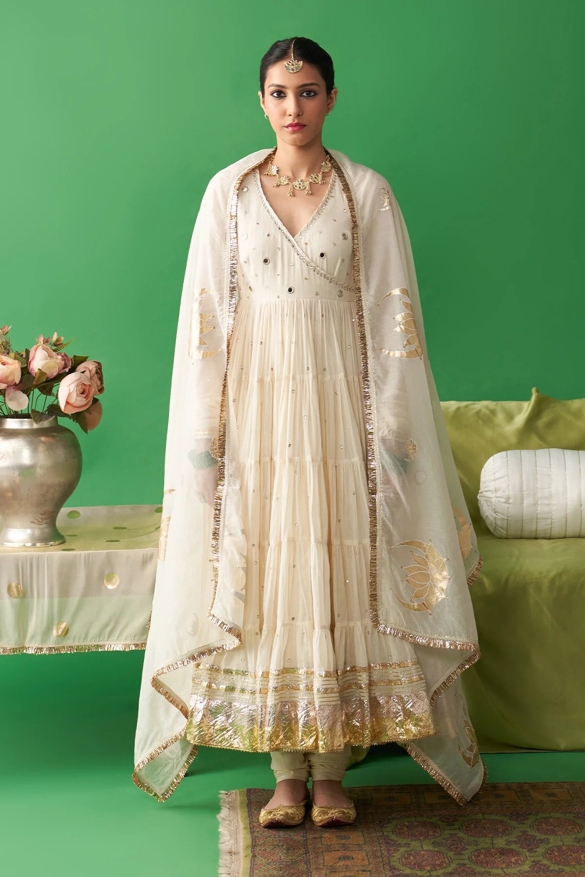 Jhoom ivory hand embroiderd angrakha anarkali with chooridar and foil printed chand dupatta (set of 3)