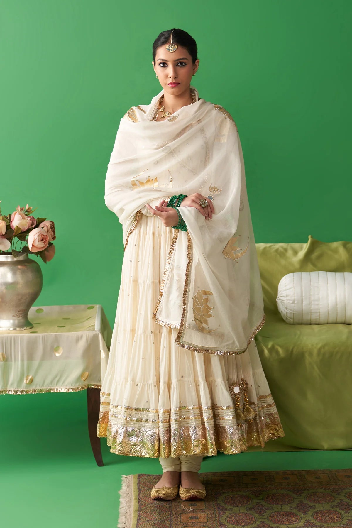 Jhoom ivory hand embroiderd angrakha anarkali with chooridar and foil printed chand dupatta (set of 3)