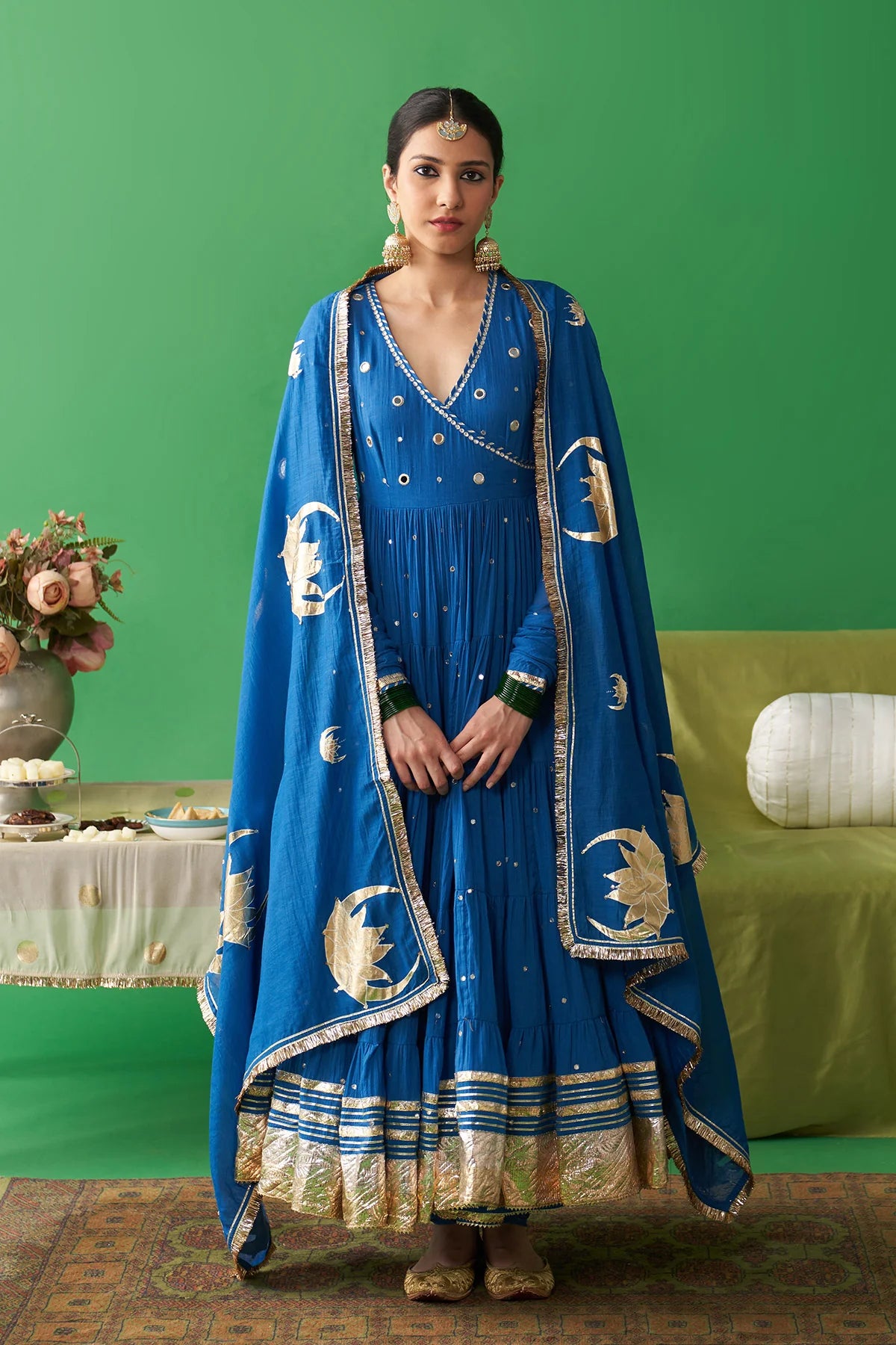 Jhoom Cobalt Blue Hand Embroidered Angrakha Anarkali Set