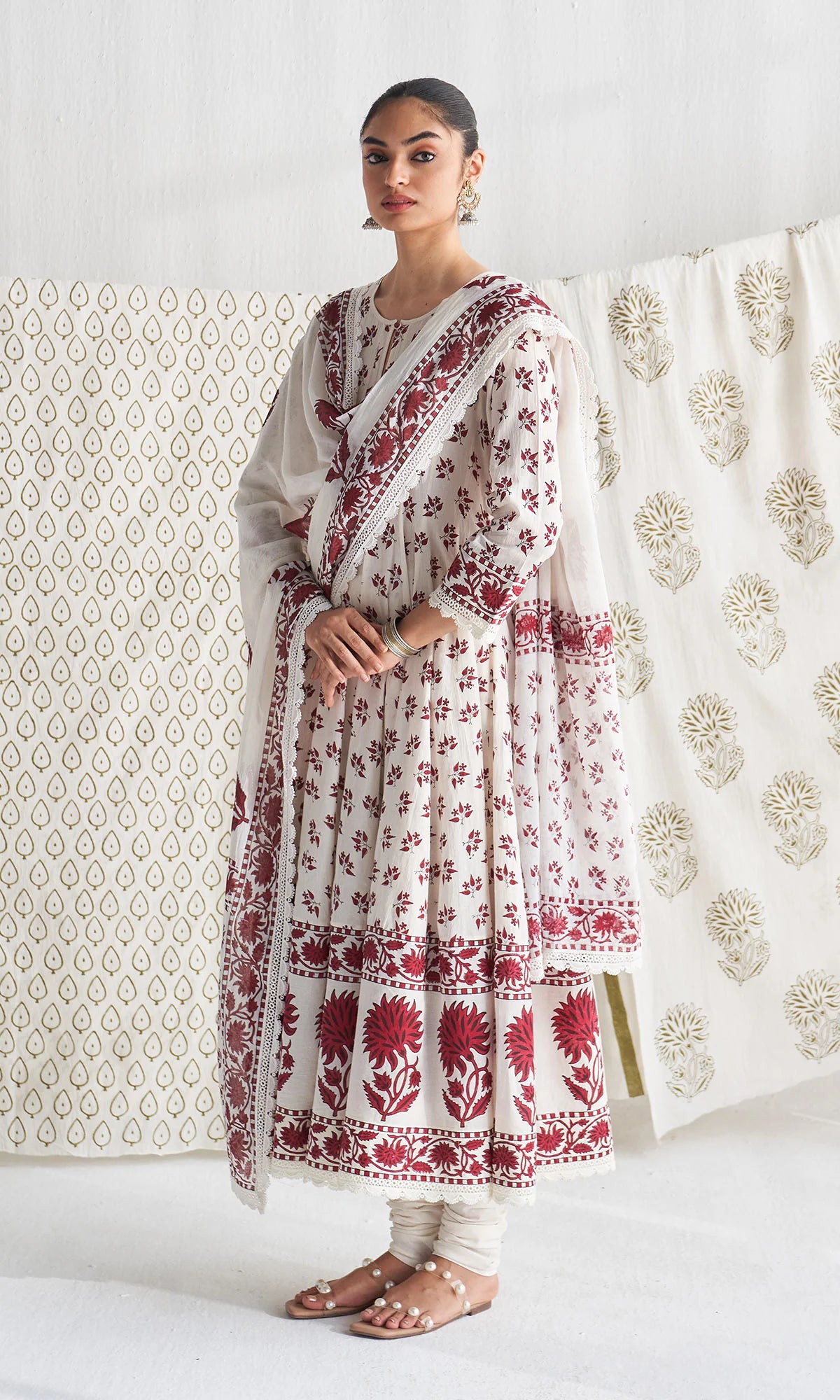 Gulmohar mughal red block printed anarkali with churidar and printed dupatta ( set of 3)