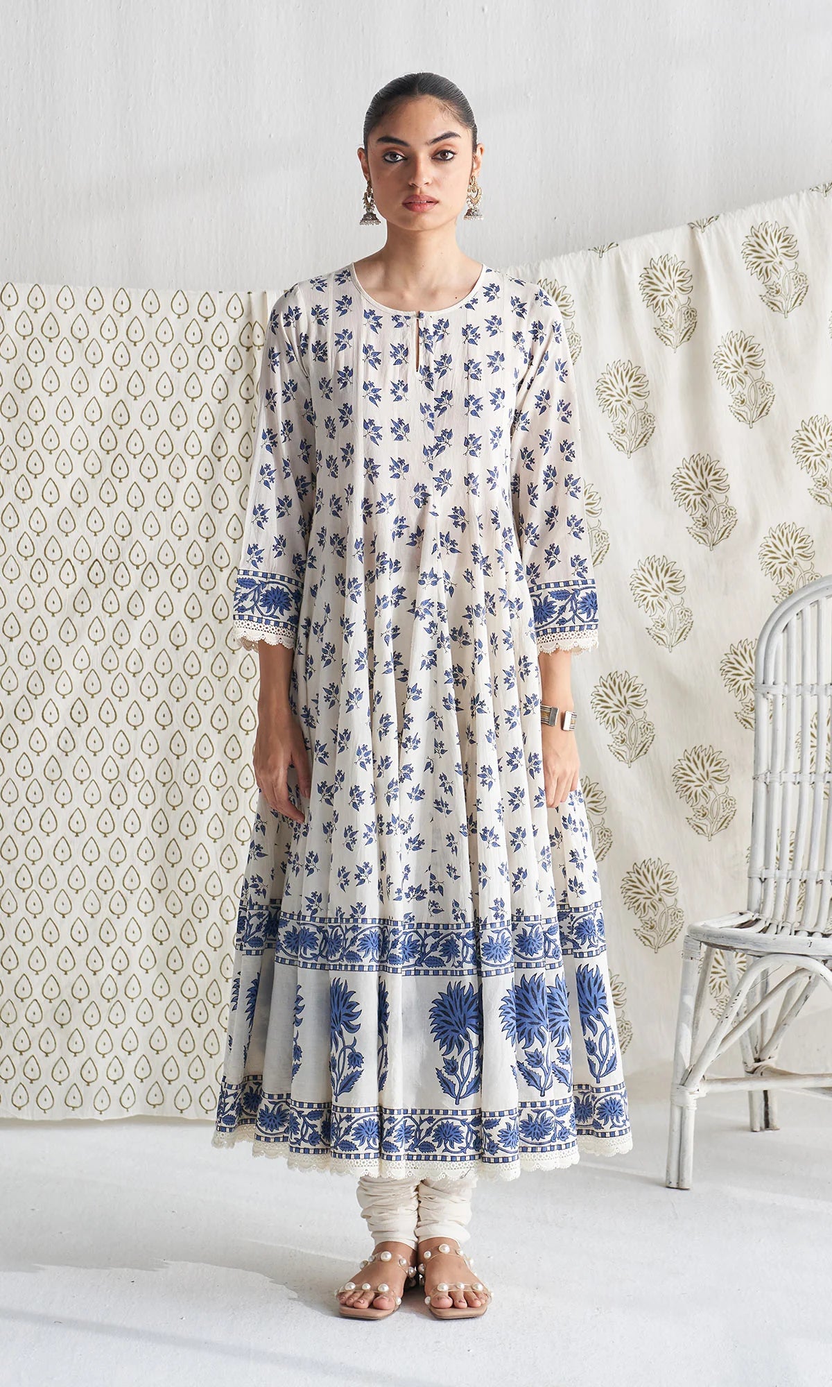 Gulmohar mughal blue block printed anarkali with churidar and printed dupatta ( set of 3)