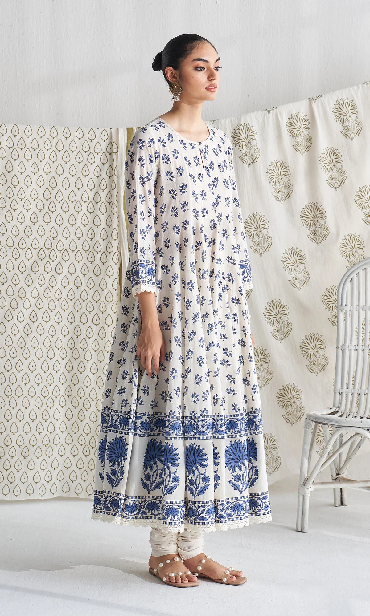 Gulmohar mughal blue block printed anarkali with churidar and printed dupatta ( set of 3)