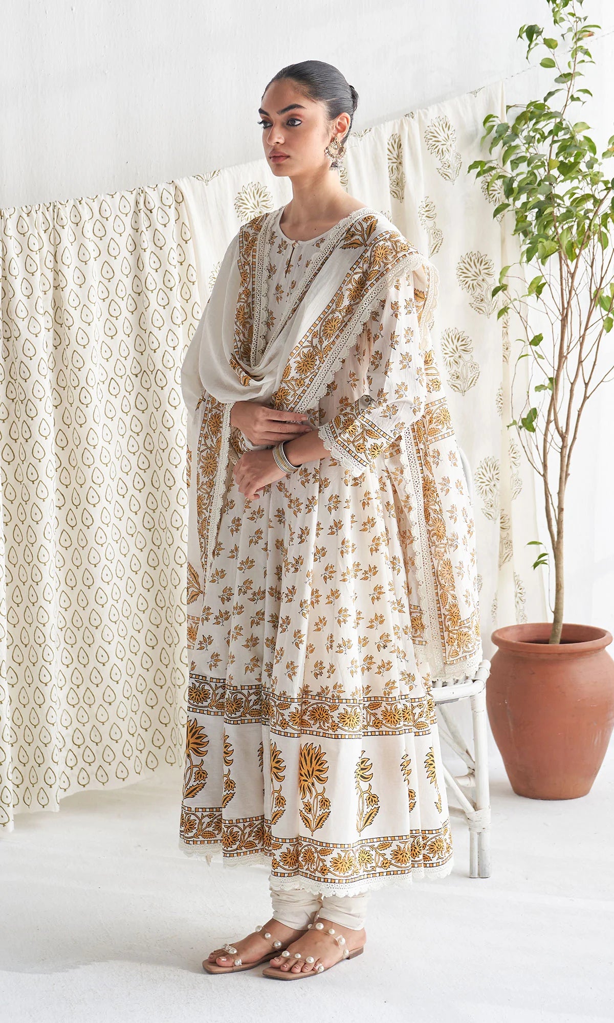 Gulmohar mughal mustard block printed anarkali with churidar and printed dupatta ( set of 3)