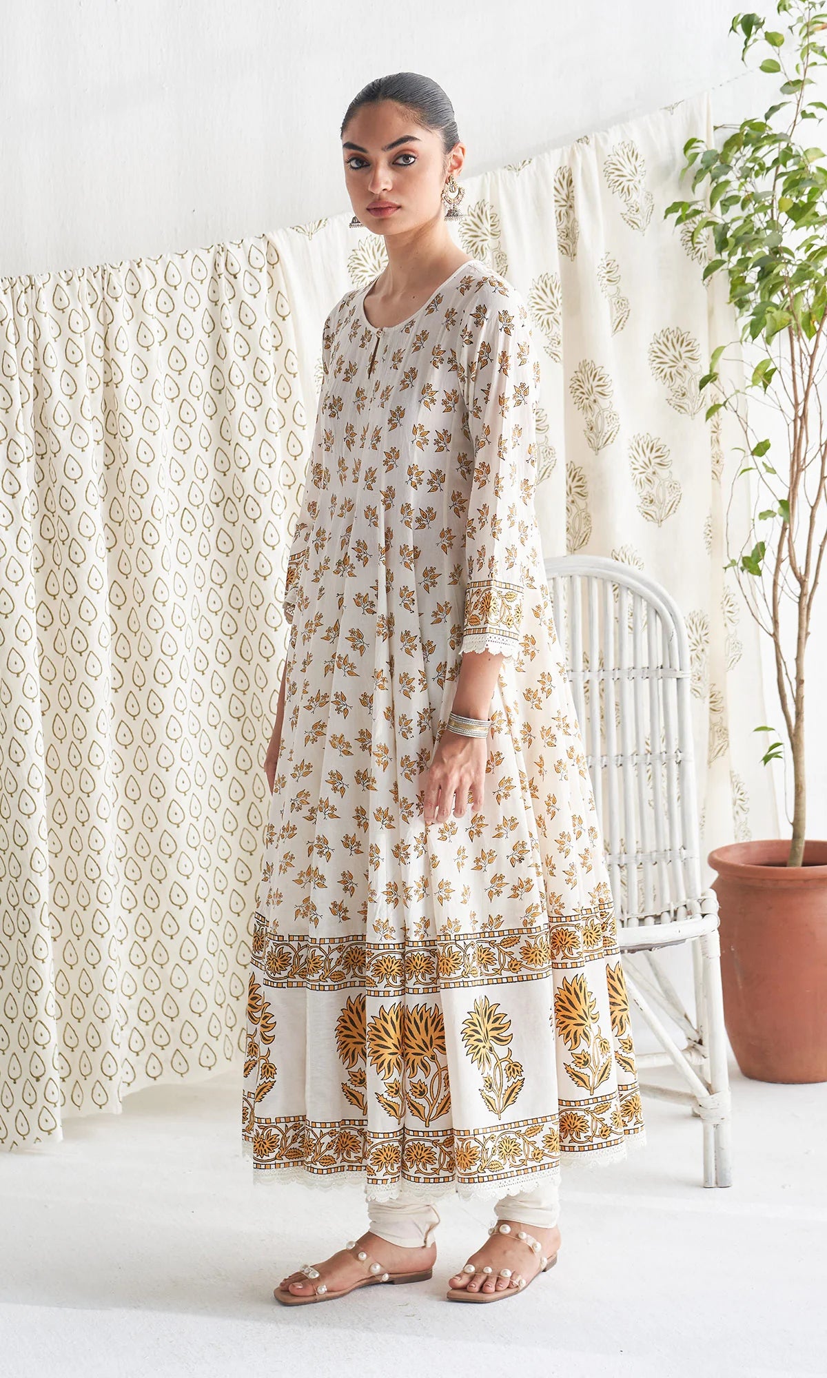 Gulmohar mughal mustard block printed anarkali with churidar and printed dupatta ( set of 3)