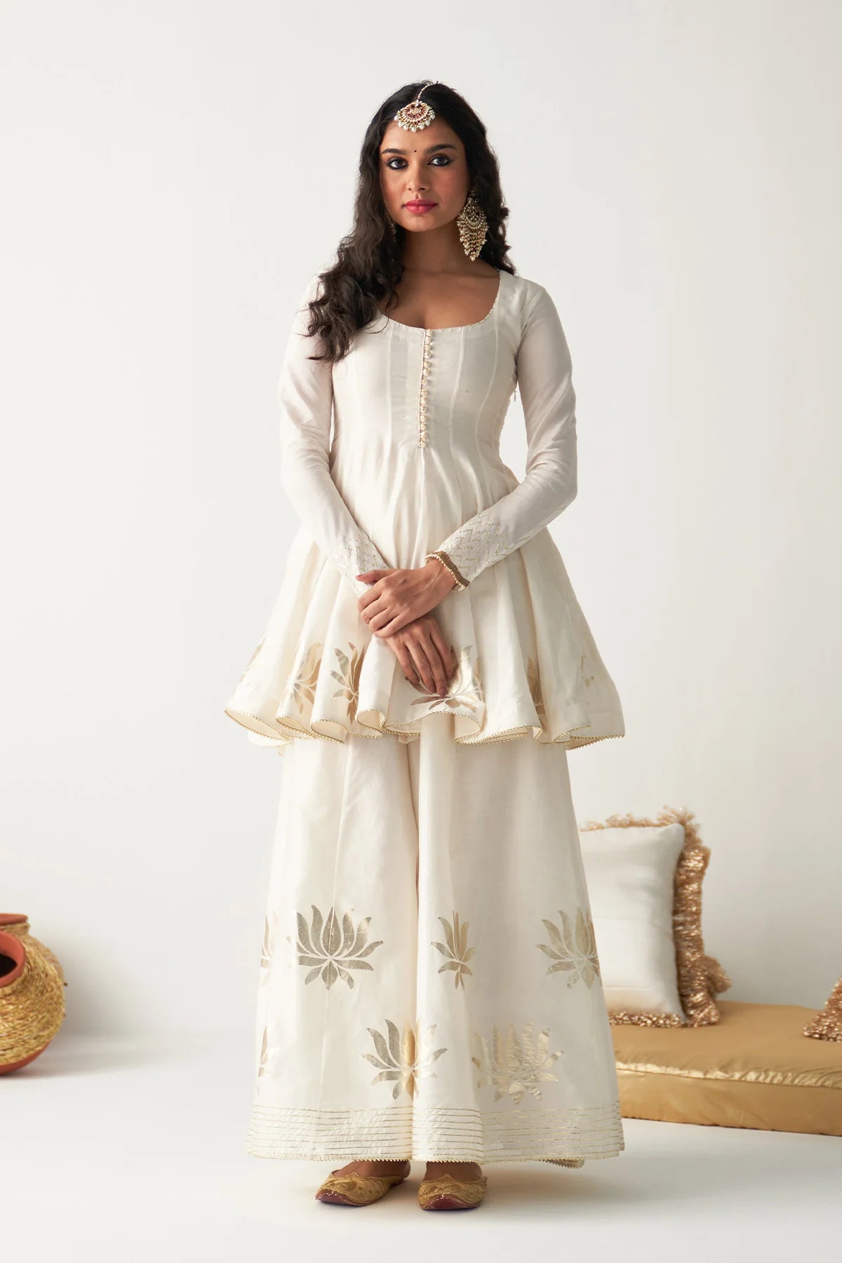 Pakeezah white lotus foil print short Kurta with sharara and dupatta (set of 3)