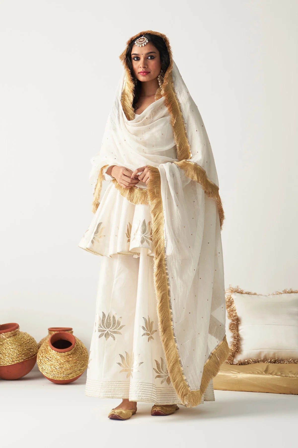 Pakeezah white lotus foil print short Kurta with sharara and dupatta (set of 3)