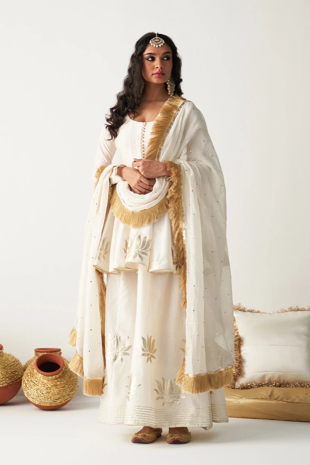 Pakeezah white lotus foil print short Kurta with sharara and dupatta (set of 3)