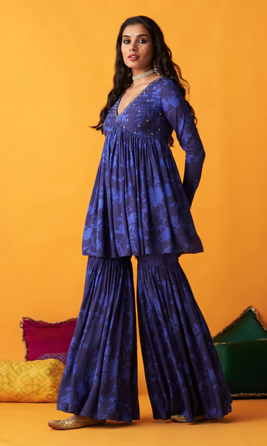 Rangreza 2.0 Bandhani Blue Short V Neck Kurta with Garara and Dupatta (Set of 3)