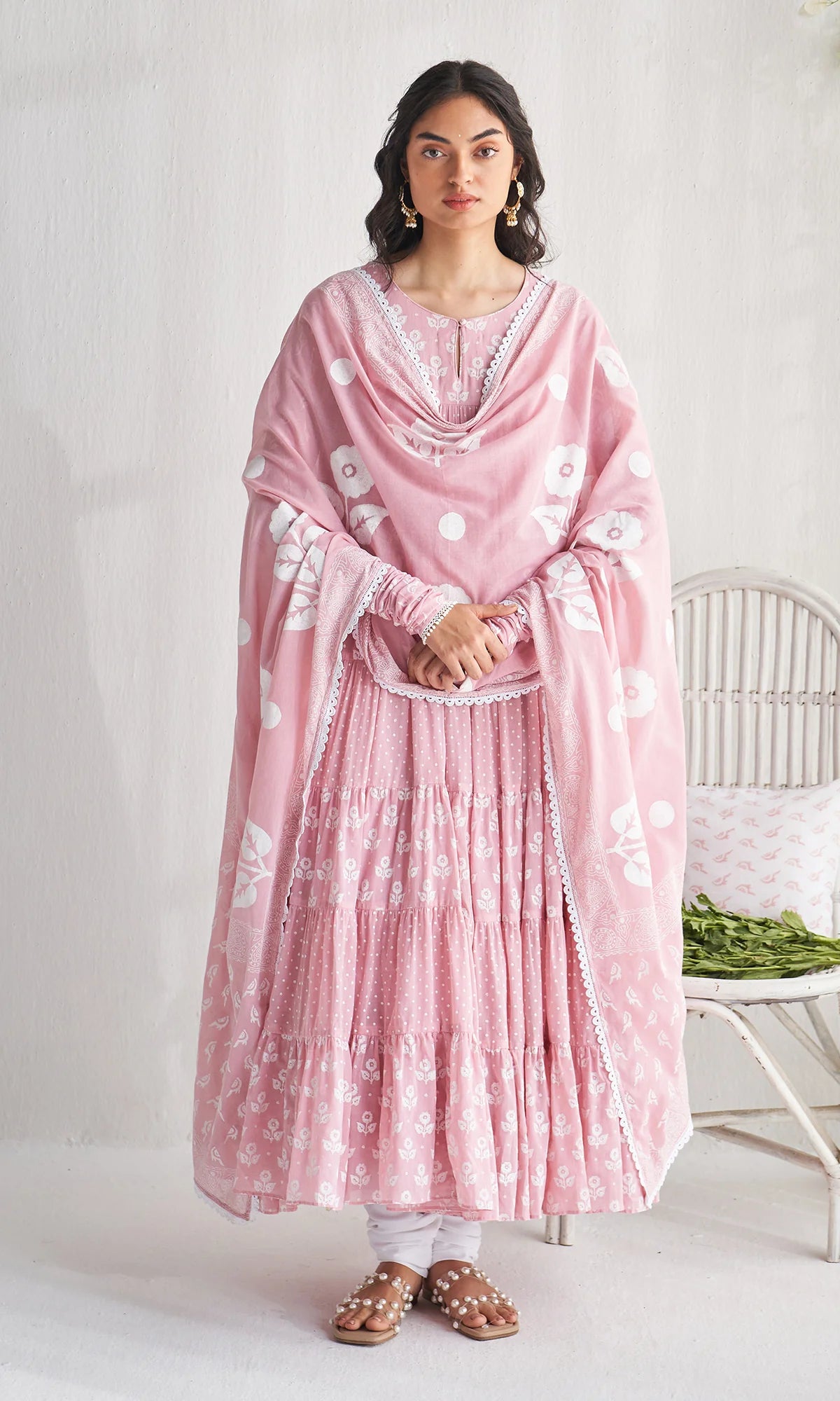 Gulmohar Khari dusty pink block printed tiered anarkali with churidar and dupatta (set of 3)