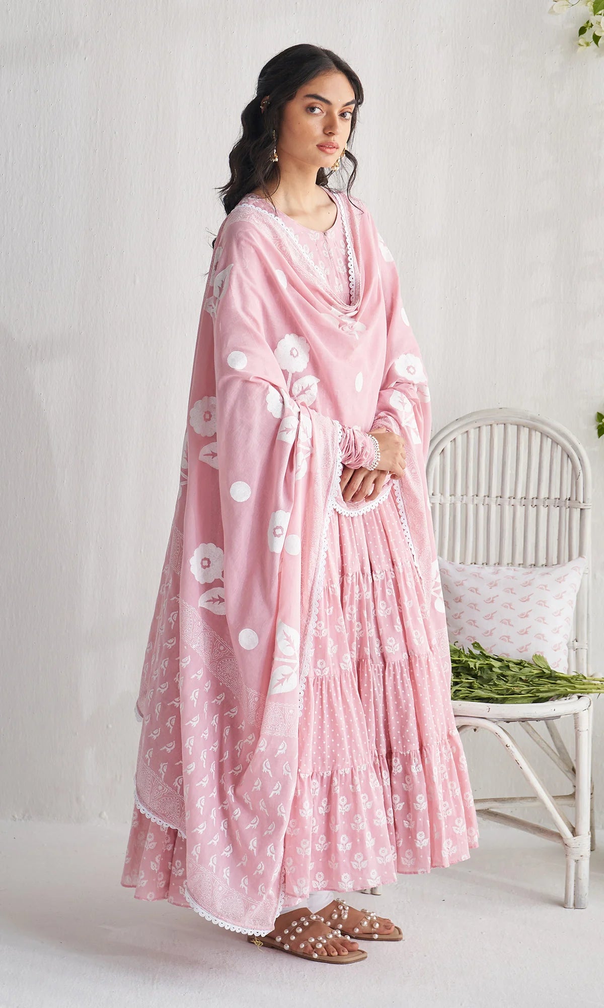 Gulmohar Khari dusty pink block printed tiered anarkali with churidar and dupatta (set of 3)