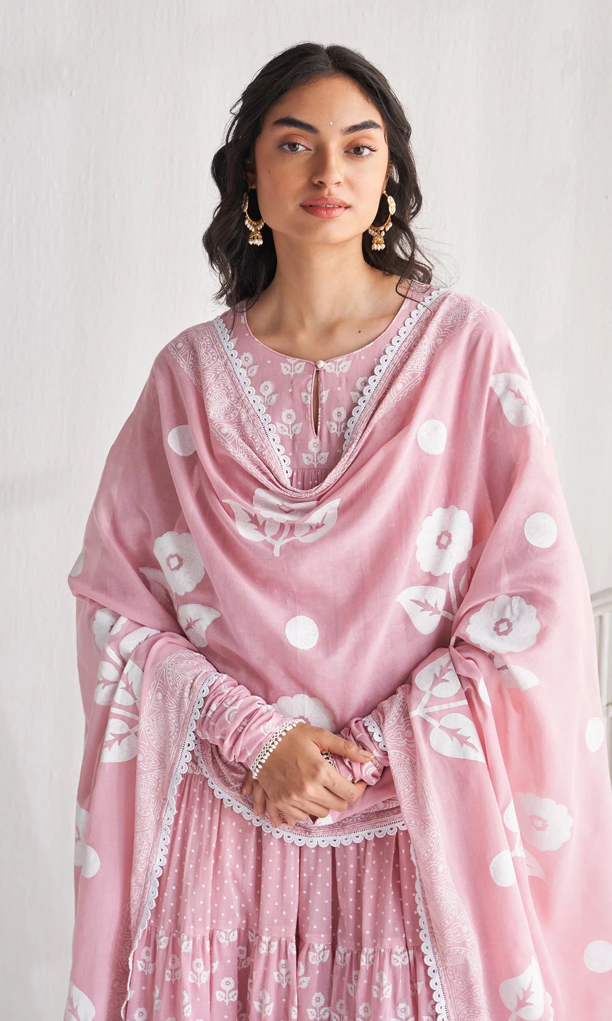 Gulmohar Khari dusty pink block printed tiered anarkali with churidar and dupatta (set of 3)