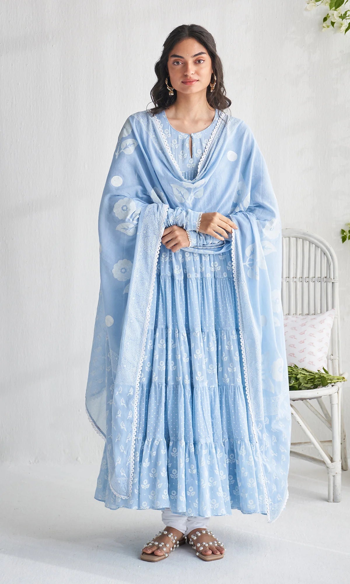 Gulmohar Khari powder blue block printed tiered anarkali with churidar and dupatta (set of 3)