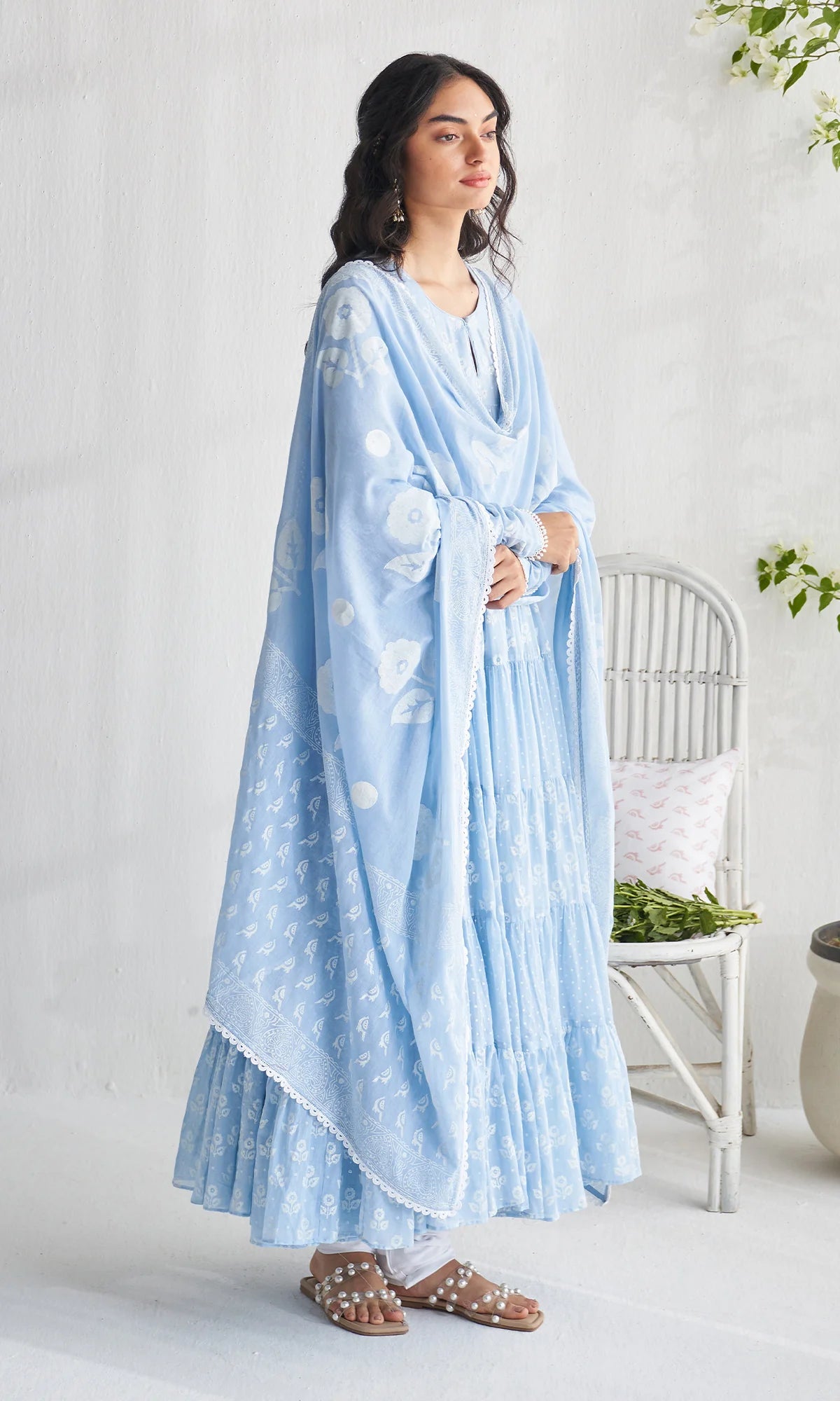 Gulmohar Khari powder blue block printed tiered anarkali with churidar and dupatta (set of 3)
