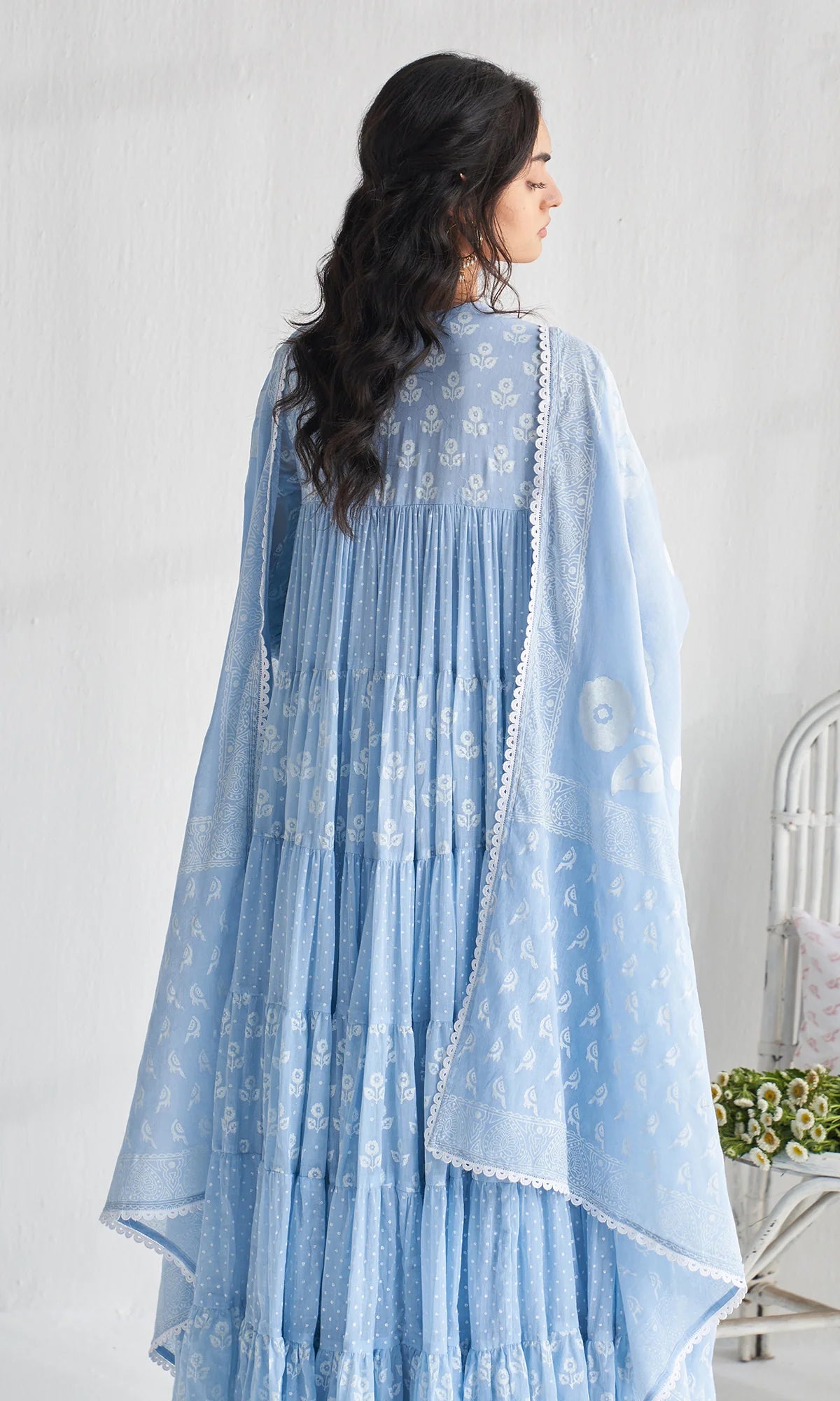 Gulmohar Khari powder blue block printed tiered anarkali with churidar and dupatta (set of 3)