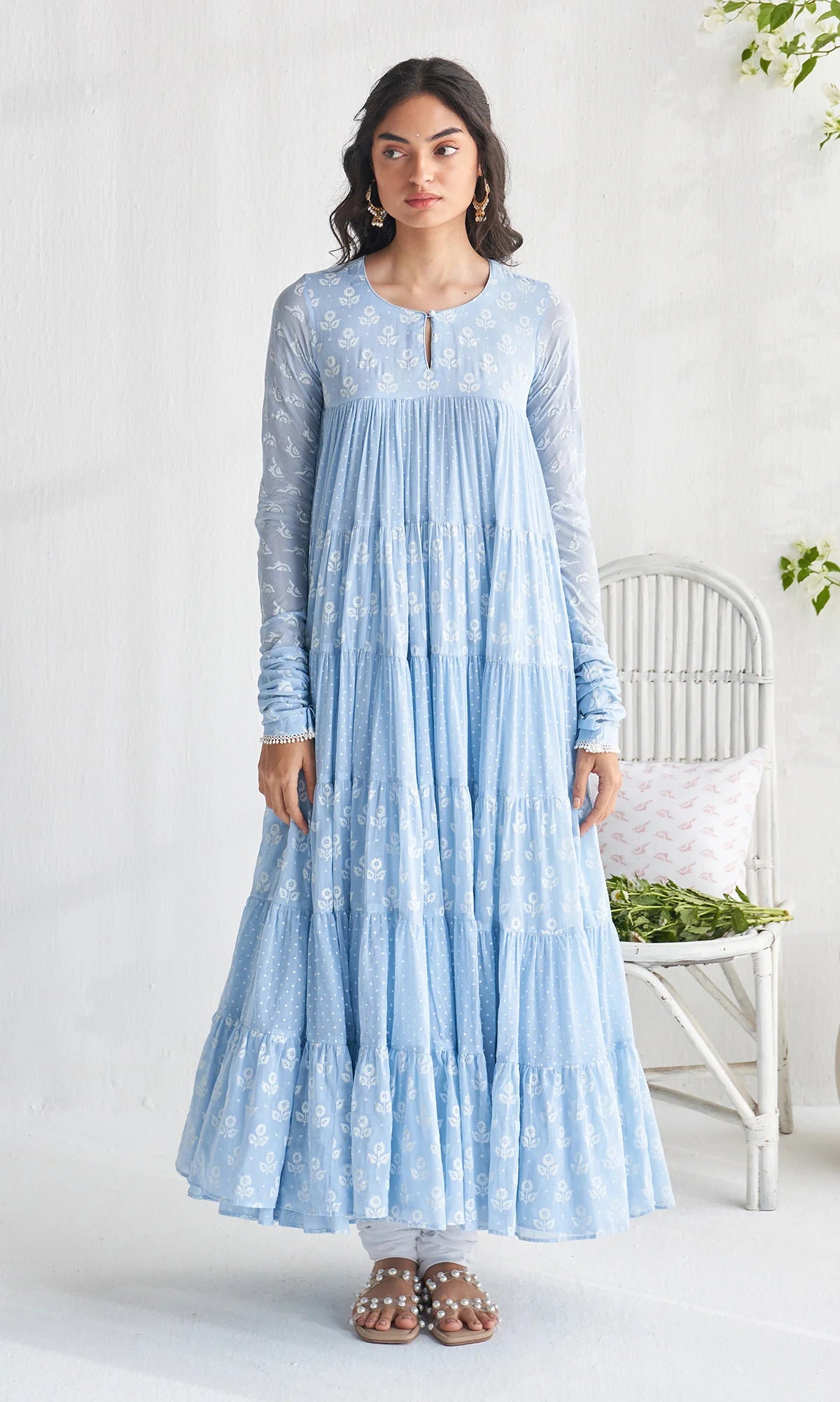 Gulmohar Khari powder blue block printed tiered anarkali with churidar and dupatta (set of 3)