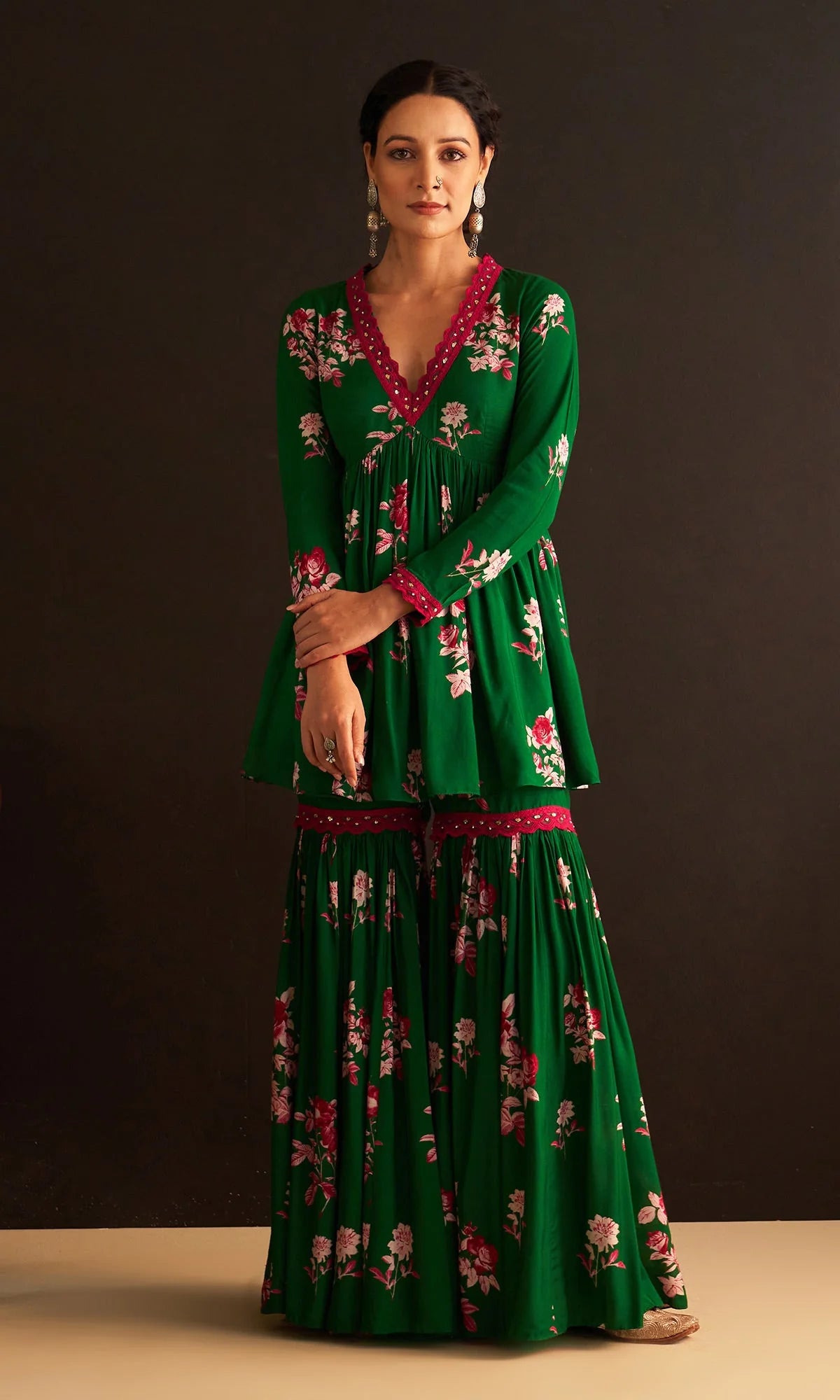 Gulbahaar Floral Printed Green Kurta With Garara And Dupatta Set Of 3 - RTS