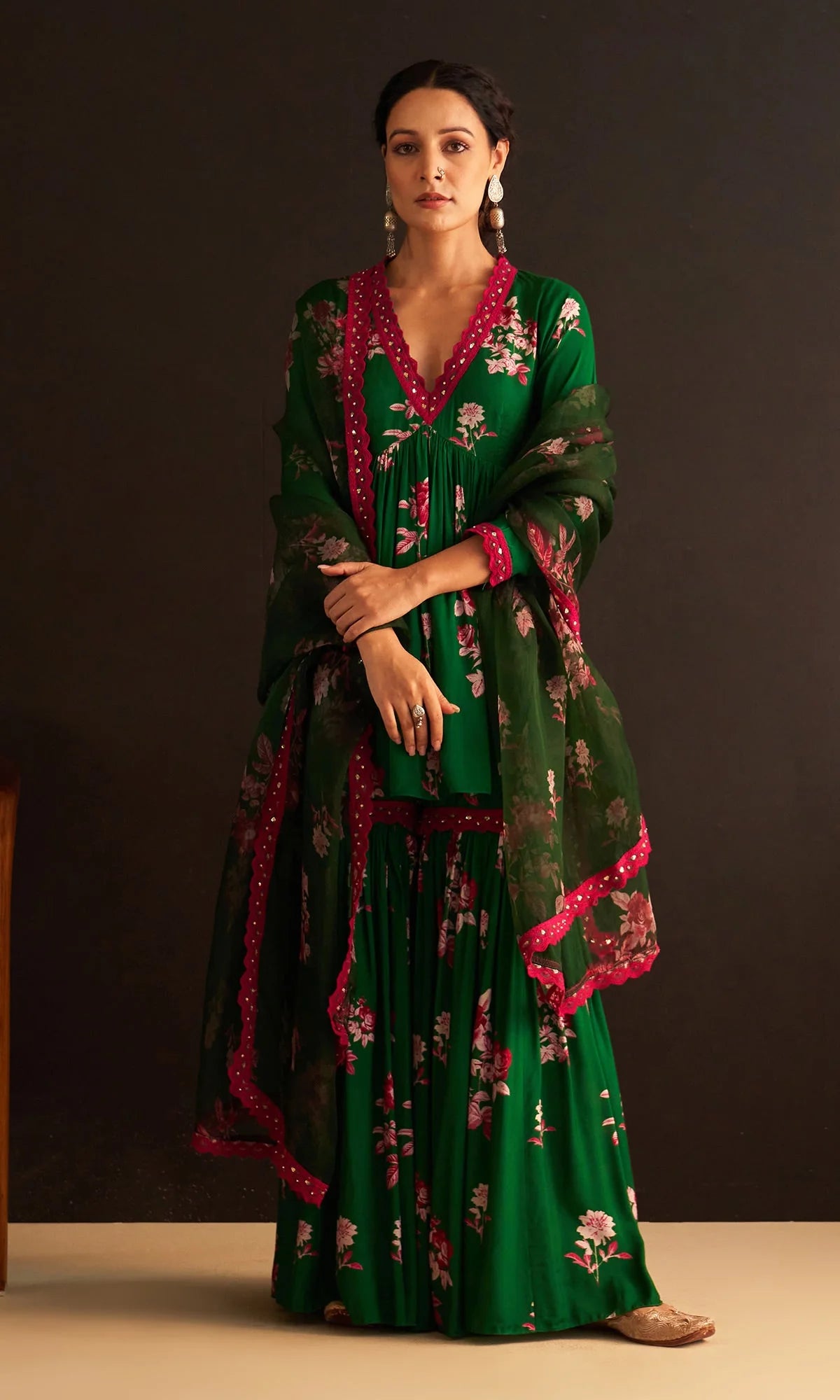 Gulbahaar Floral Printed Green Kurta With Garara And Dupatta Set Of 3 - RTS