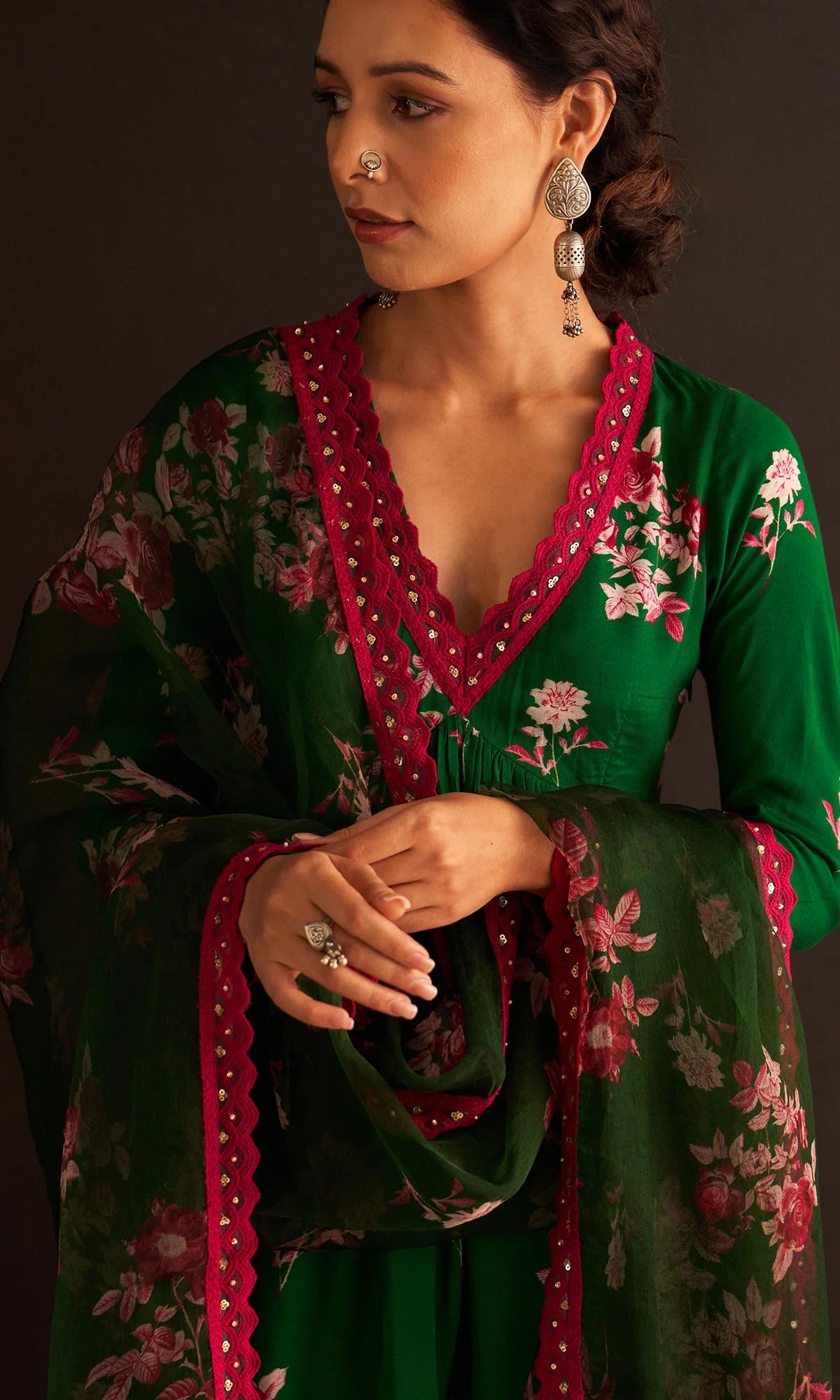 Gulbahaar Floral Printed Green Kurta With Garara And Dupatta Set Of 3 - RTS