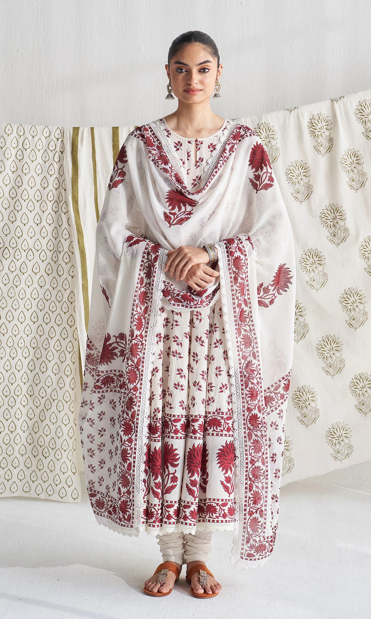 Gulmohar mughal red block printed anarkali with churidar and printed dupatta ( set of 3)