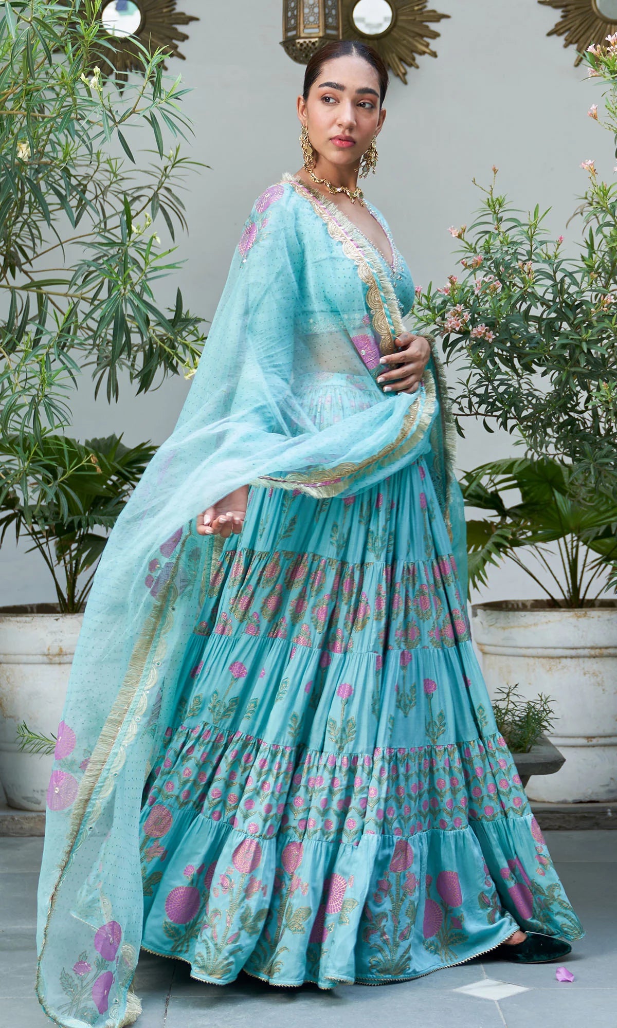 Boond Vol. 2 Turquise Hand Block Printed Tiered Lehenga With Embroidered Blouse And Dupatta (Set Of 3)