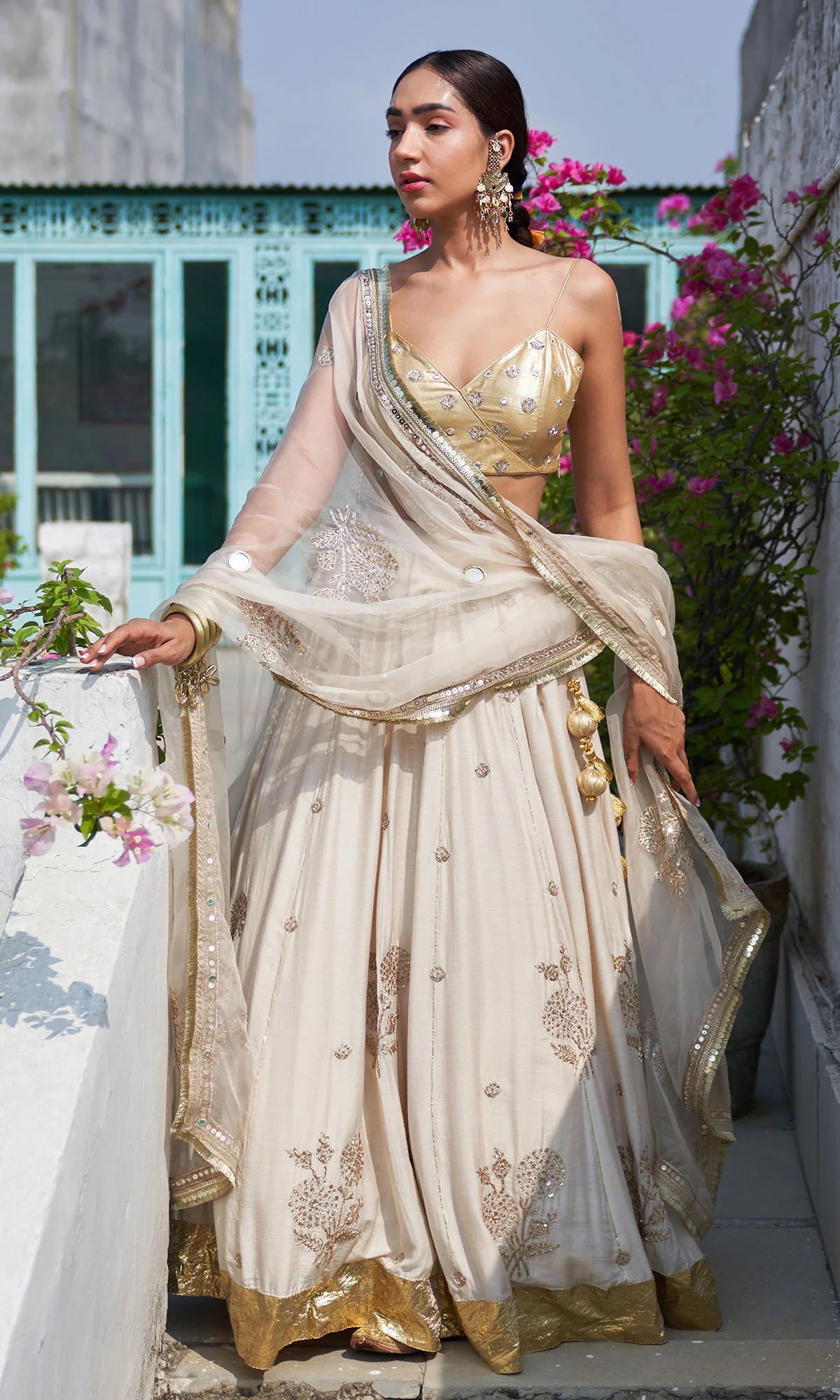 Boond Vol. 2 Off White Lehenga With Gold Strap Blouse And Dupatta ( Set Of 3)