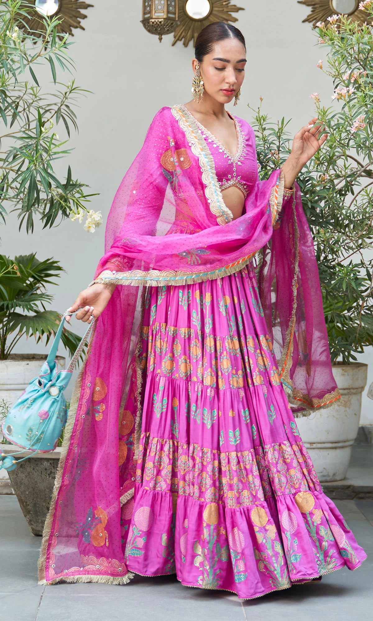 Boond Vol. 2 Pink Hand Block Printed Tiered Lehenga With Embroidered Blouse And Dupatta (Set Of 3)