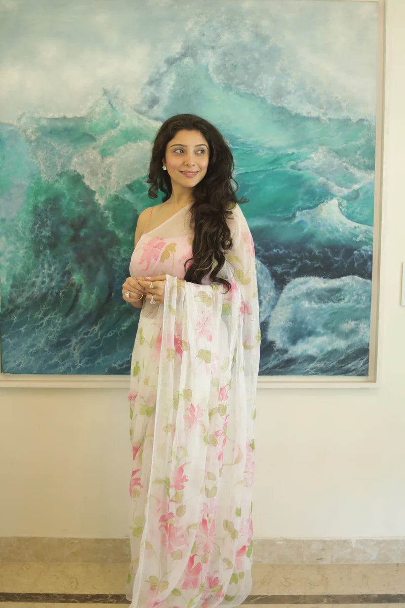 Jai Madaan in White Hand Painted Mukaish Work Chiffon Saree