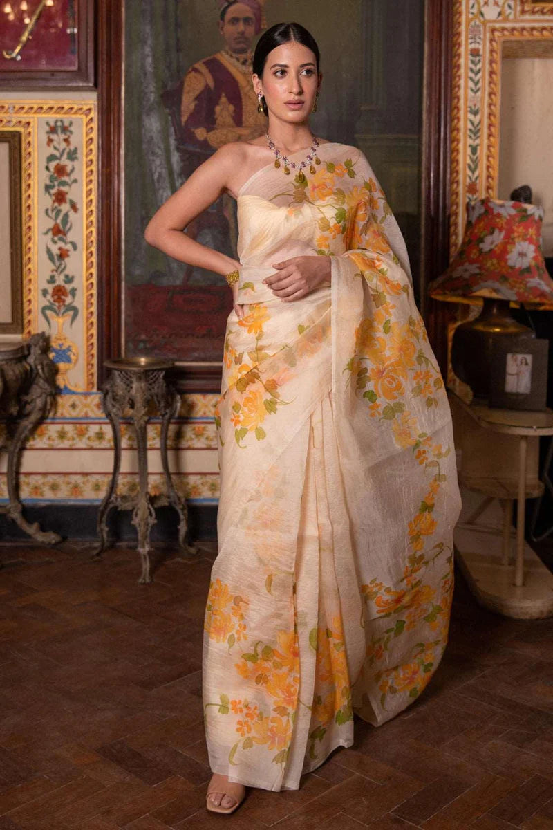 Beige Hand Painted Pure Organza Saree