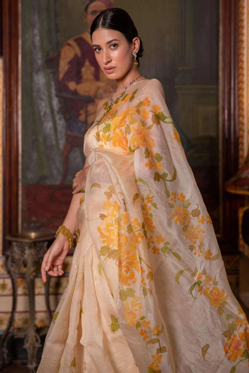 Beige Hand Painted Pure Organza Saree
