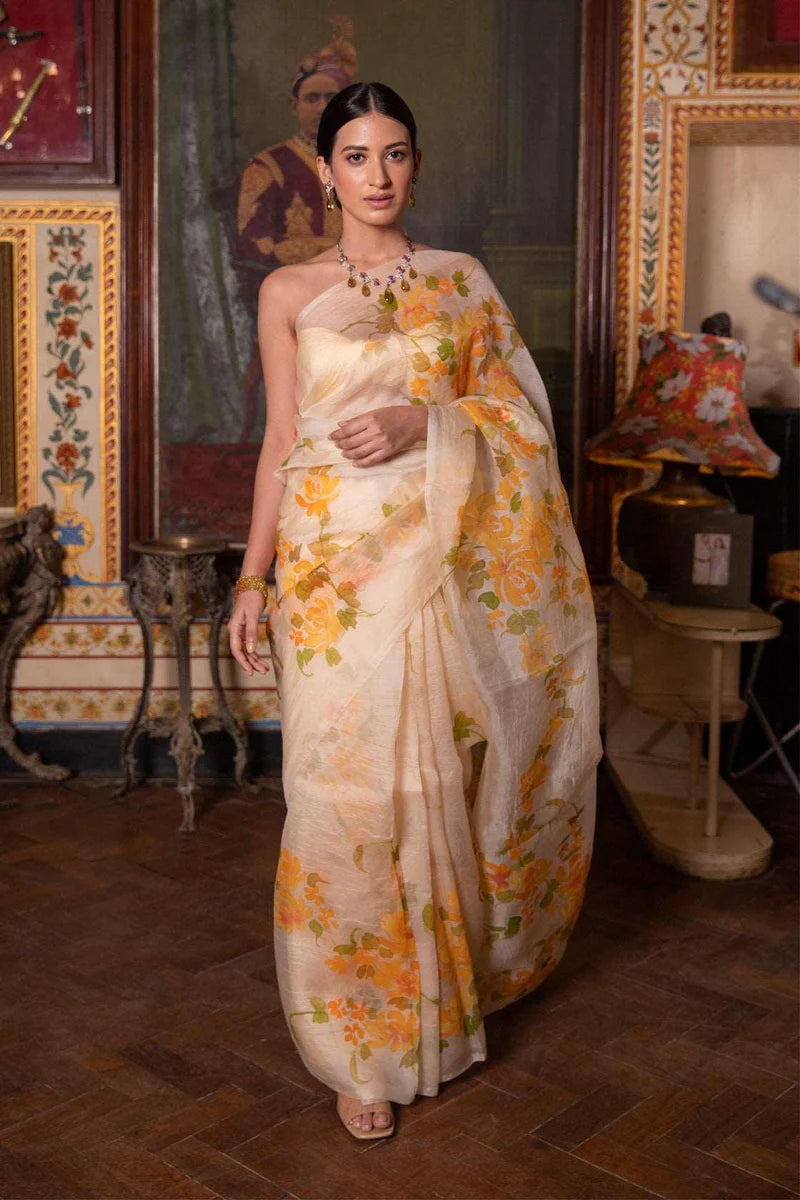 Beige Hand Painted Pure Organza Saree