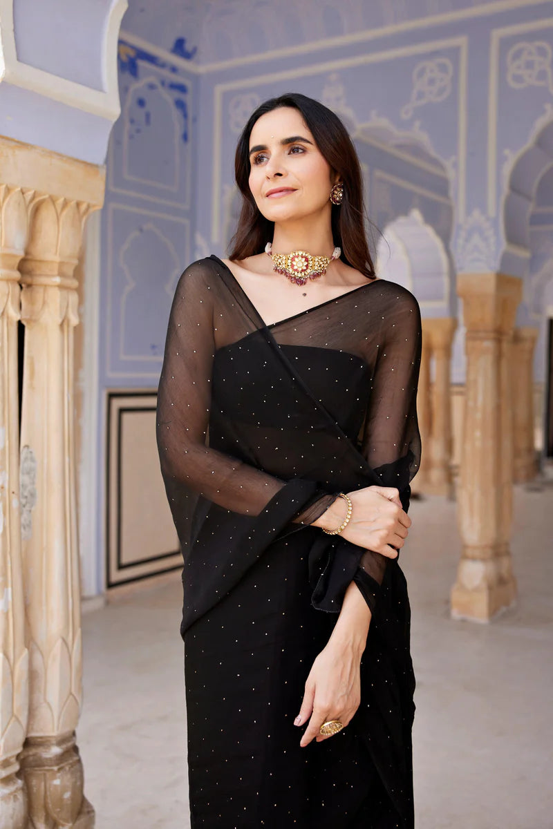 Black Hand Embroidered Mukaish Chiffon Saree