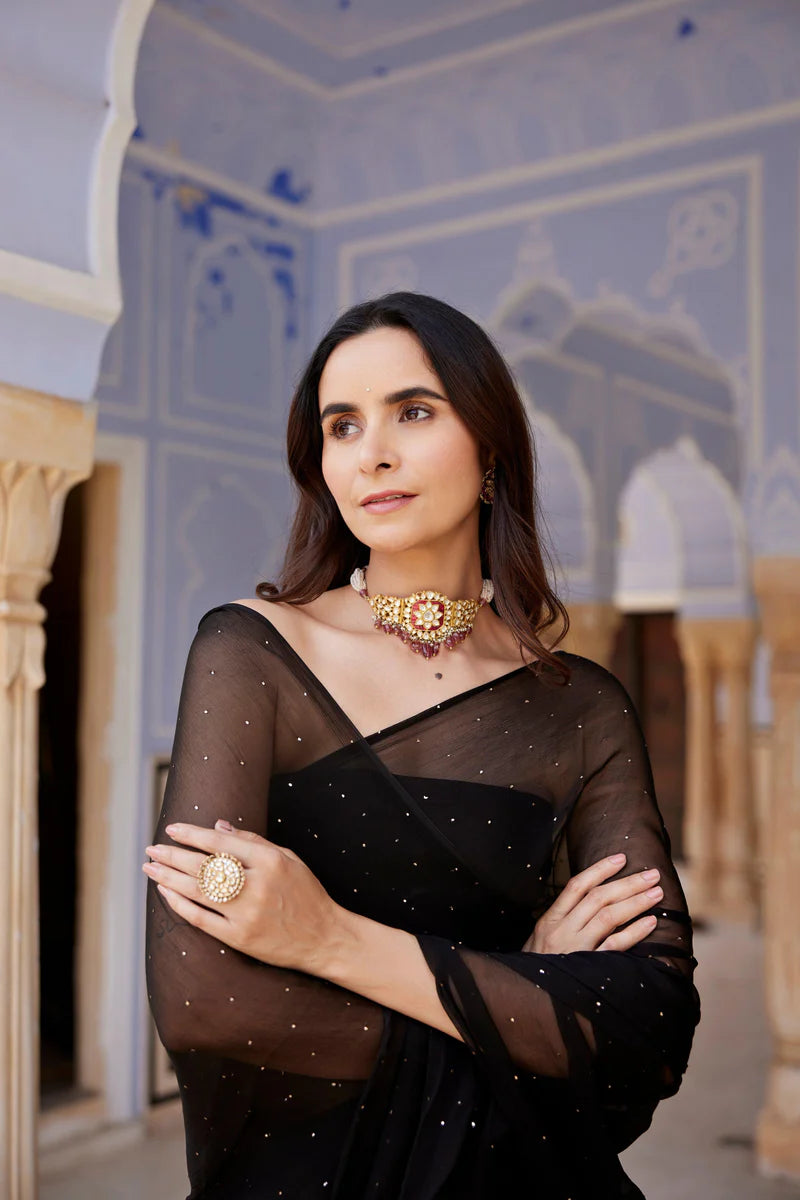 Black Hand Embroidered Mukaish Chiffon Saree