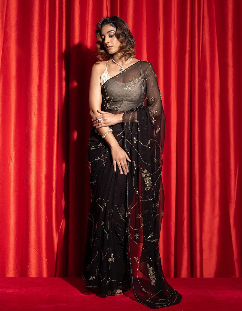 Black hand embroidered tube jaal chiffon saree