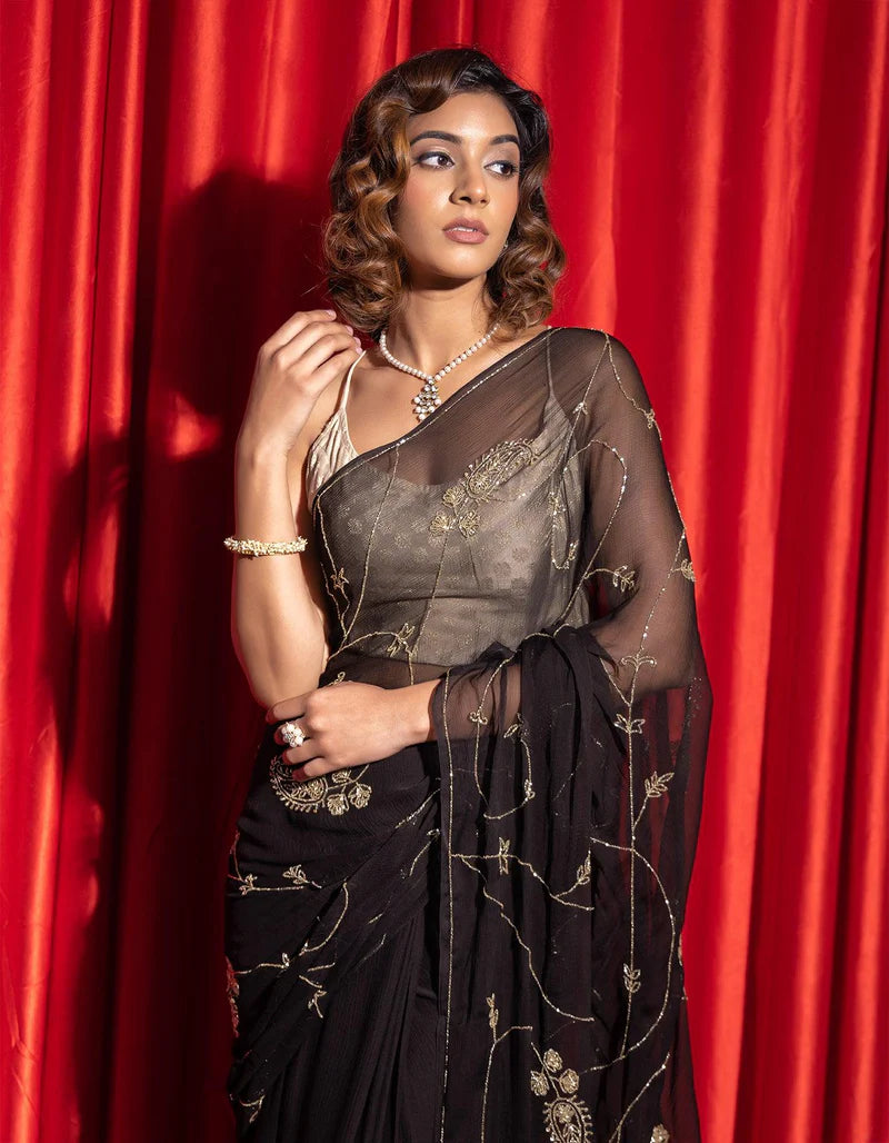 Black hand embroidered tube jaal chiffon saree