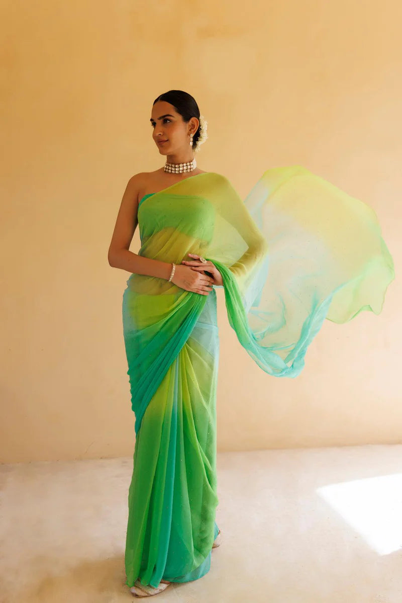 Green Shaded Mukaish Hand Embroidered Chiffon Saree