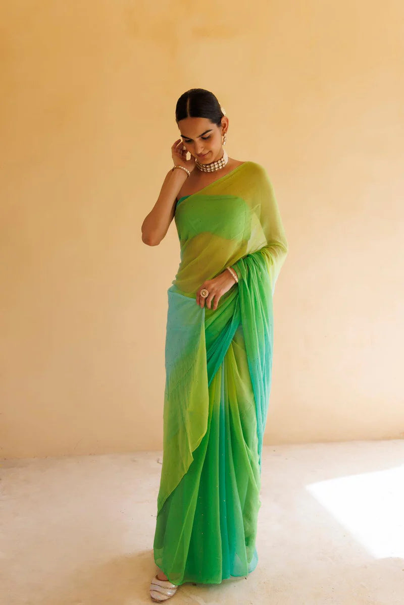 Green Shaded Mukaish Hand Embroidered Chiffon Saree